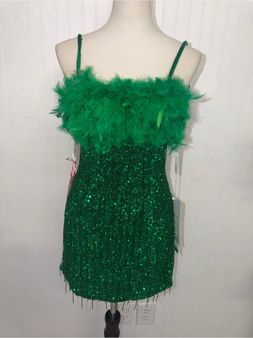 Rachel Allan Green Feather & Sequin Mini Dress